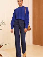 Love & Roses Blue Ruffle Neck Pintuck Detail Long Sleeve Blouse - Image 3 of 4
