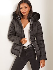 Lipsy Black Cinched Waist Short Padded Coat - Image 3 of 4