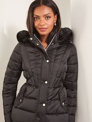 Lipsy Black Cinched Waist Short Padded Coat - Image 4 of 4
