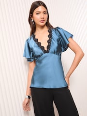 Friends Like These Blue Lace Trim Angel Sleeve Blouse - Image 1 of 4