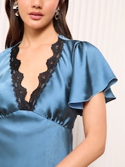 Friends Like These Blue Lace Trim Angel Sleeve Blouse - Image 2 of 4