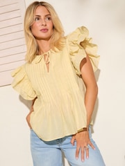 Friends Like These Buttermilk Short Sleeve Millie Mackintosh Tie Front Pleated Blouse - Image 1 of 4