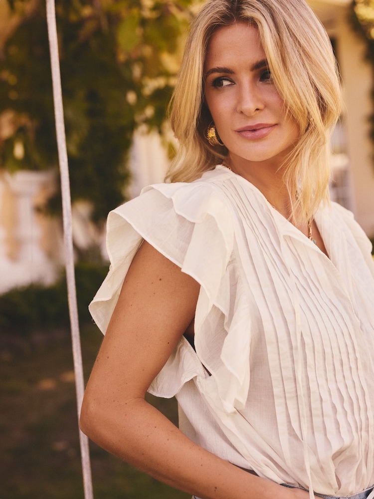 Friends Like These Cream Short Sleeve Millie Mackintosh Tie Front Pleated Blouse - Image 2 of 4