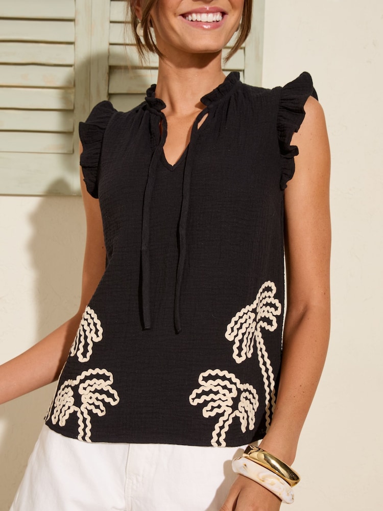 Friends Like These Black Palm Embroidered 100% Cotton Blouse - Image 1 of 5