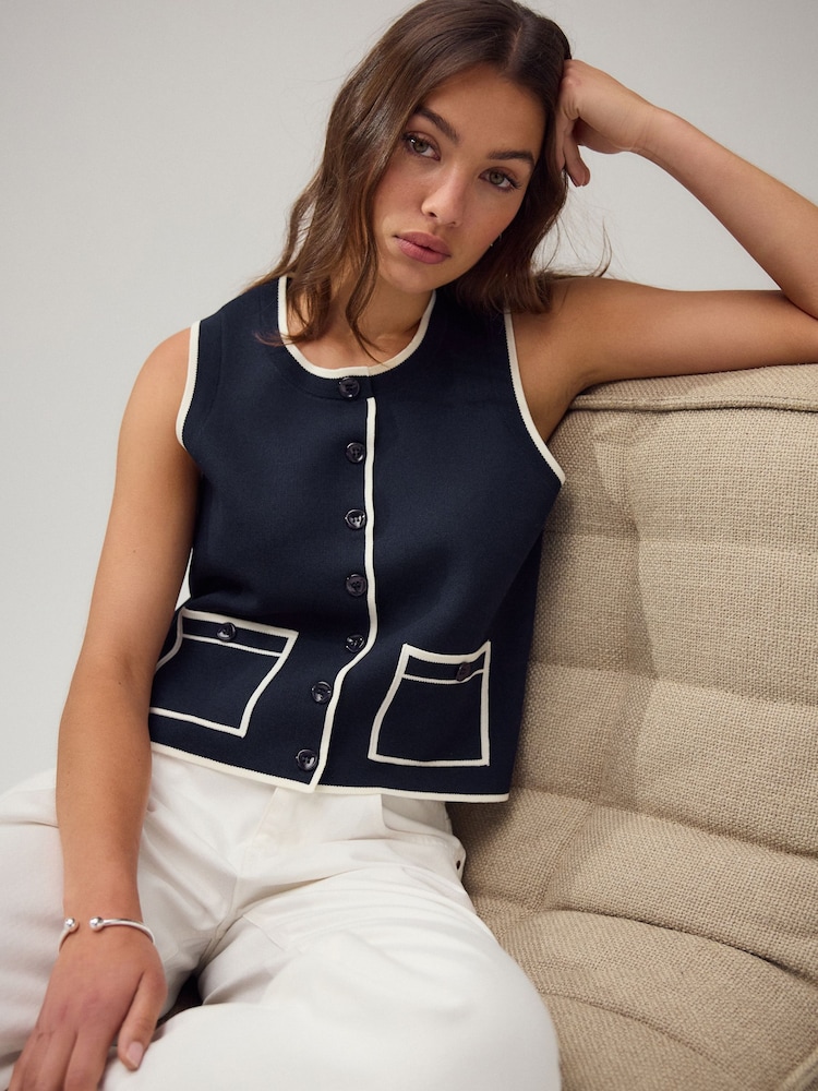 Navy Blue Smart Crew Neck Button Front Waistcoat - Image 1 of 1