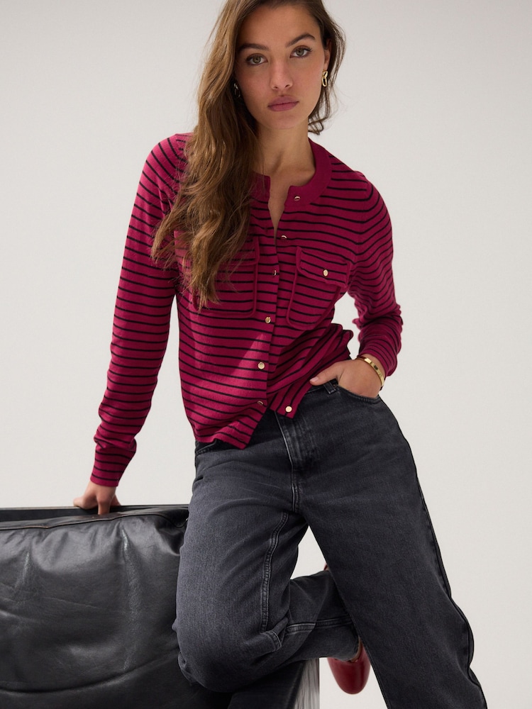 Red and Black Stripe Soft Touch Pocket Front Cardigan With Cotton - Image 1 of 8