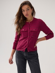 Red and Black Stripe Soft Touch Pocket Front Cardigan With Cotton - Image 2 of 8