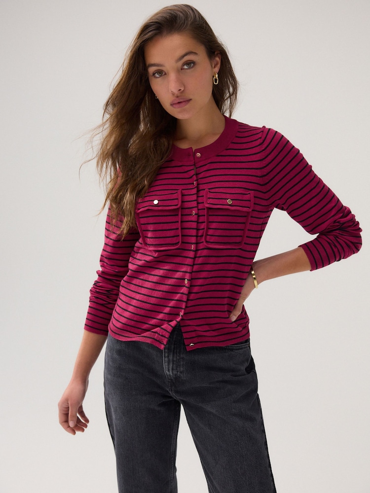 Red and Black Stripe Soft Touch Pocket Front Cardigan With Cotton - Image 2 of 8