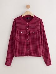 Red and Black Stripe Soft Touch Pocket Front Cardigan With Cotton - Image 6 of 8