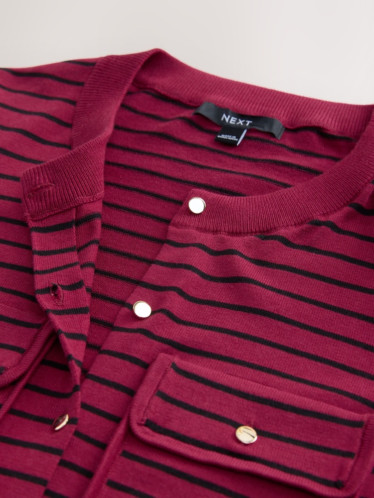 Red and Black Stripe Soft Touch Pocket Front Cardigan With Cotton - Image 8 of 8