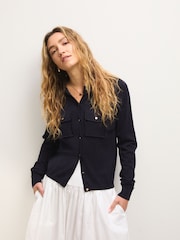 Blue Navy Soft Touch Pocket Front Cardigan With Cotton - Image 1 of 7