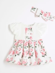 River Island Pink Baby Girls Rose Print Scuba 100% Cotton Dress - Image 1 of 4