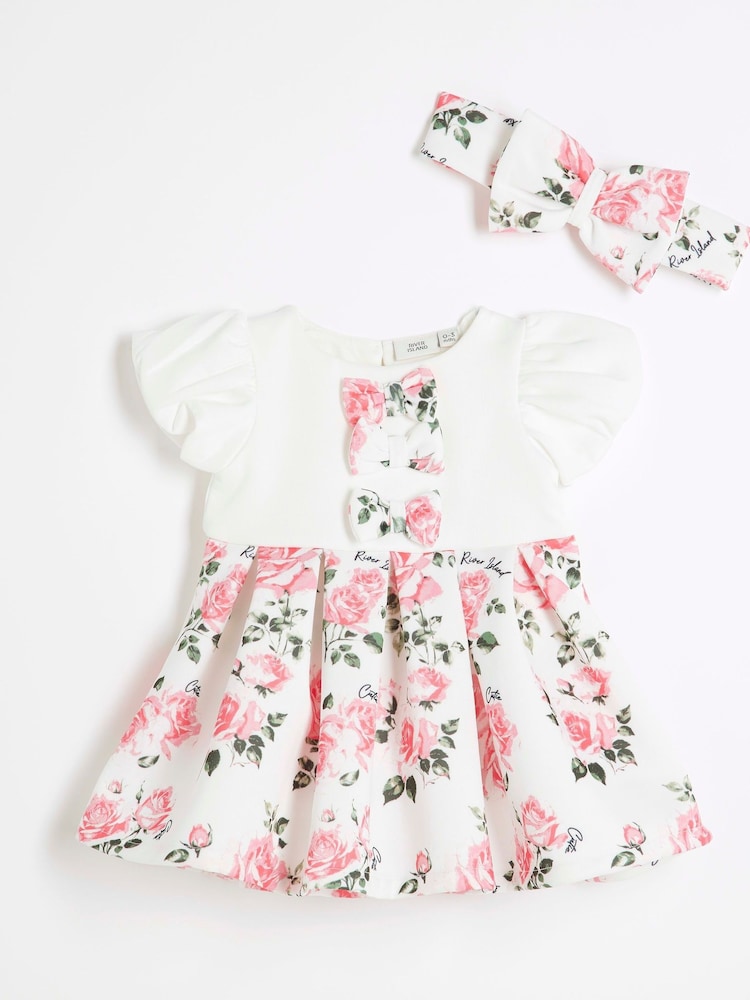 River Island Pink Baby Girls Rose Print Scuba 100% Cotton Dress - Image 1 of 4
