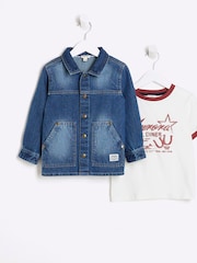 River Island Blue Boys 100% Cotton Denim Shacket T-Shirt Set - Image 1 of 5