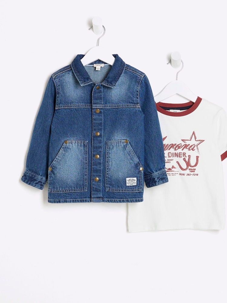 River Island Blue Boys 100% Cotton Denim Shacket T-Shirt Set - Image 1 of 5