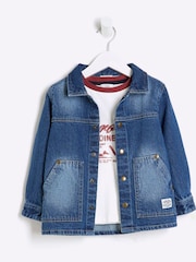 River Island Blue Boys 100% Cotton Denim Shacket T-Shirt Set - Image 2 of 5