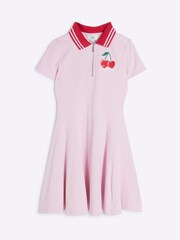 River Island Pink Girls Ribbed Cherry Zip 100% Cotton Dress - Image 1 of 4