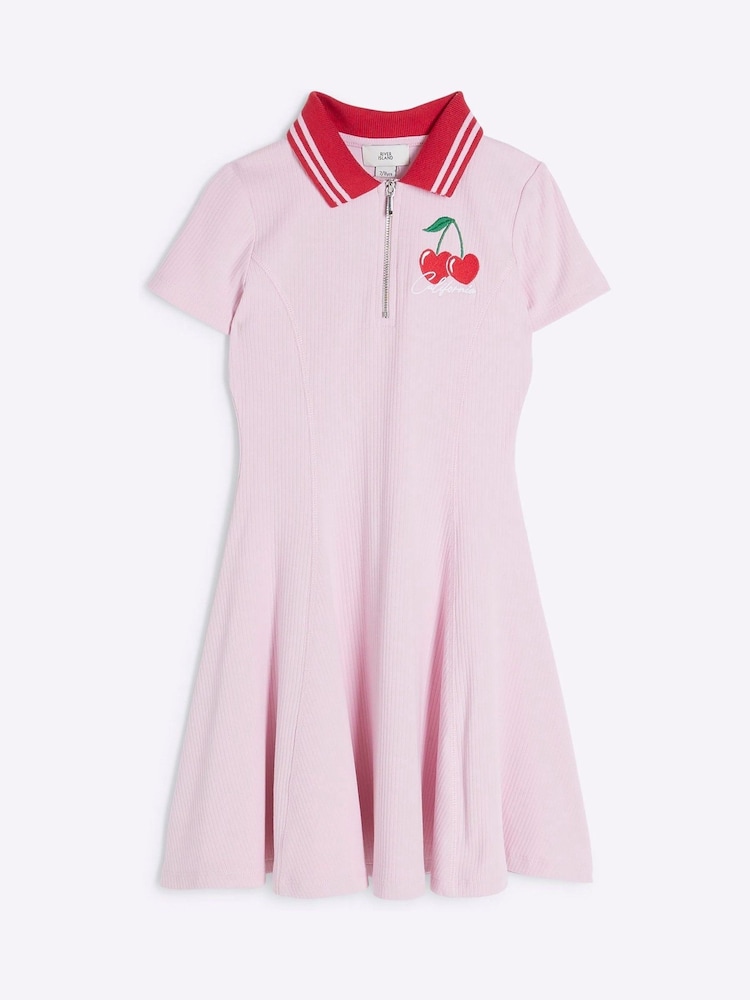River Island Pink Girls Ribbed Cherry Zip 100% Cotton Dress - Image 1 of 4