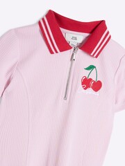 River Island Pink Girls Ribbed Cherry Zip 100% Cotton Dress - Image 3 of 4