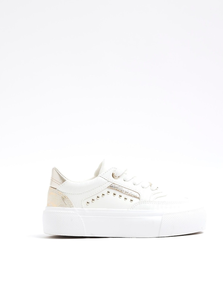 River Island White Girls Snake Print Studded Trainers - Image 1 of 5