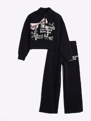 River Island Black Girls Half Zip Bow 100% Cotton Sweat Set - Image 1 of 5