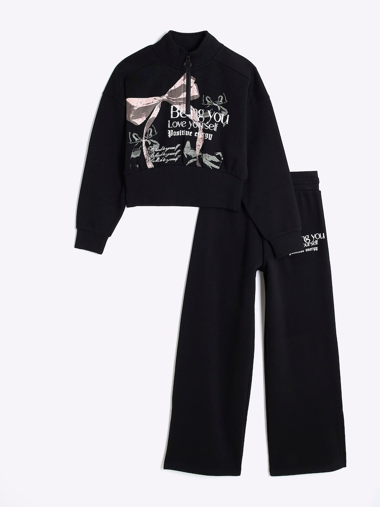 River Island Black Girls Half Zip Bow 100% Cotton Sweat Set - Image 1 of 5