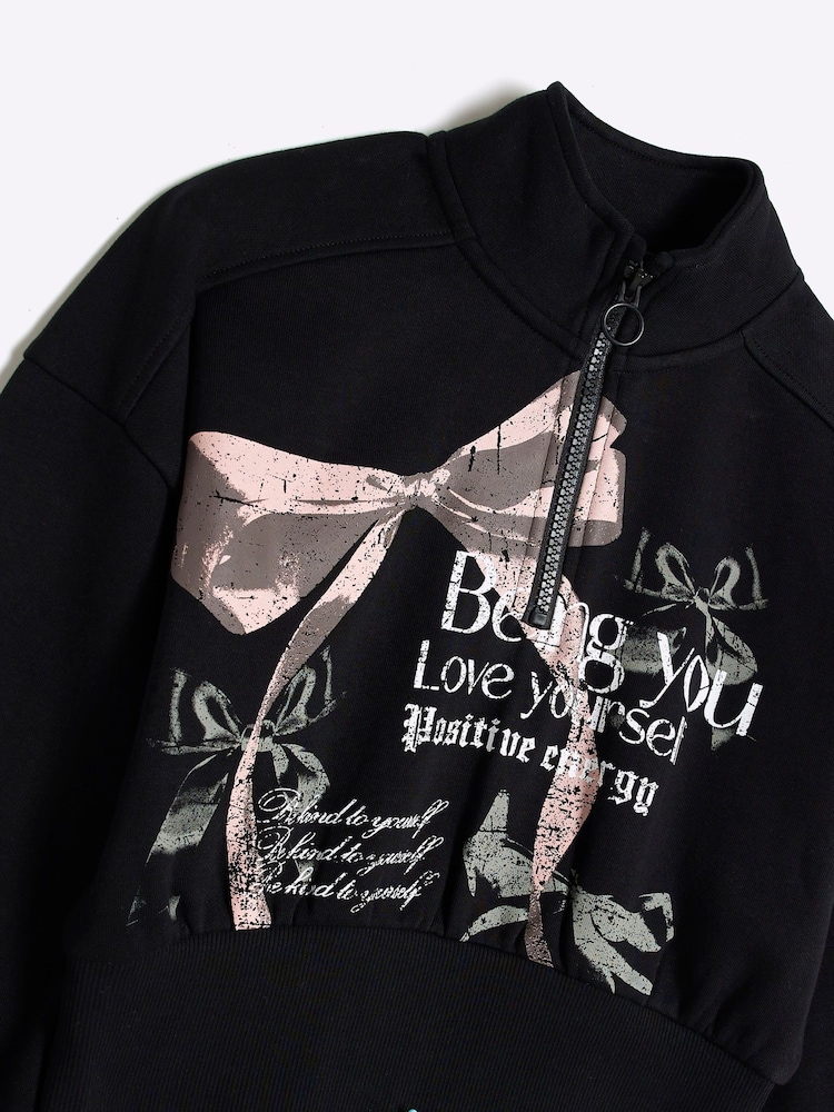 River Island Black Girls Half Zip Bow 100% Cotton Sweat Set - Image 5 of 5