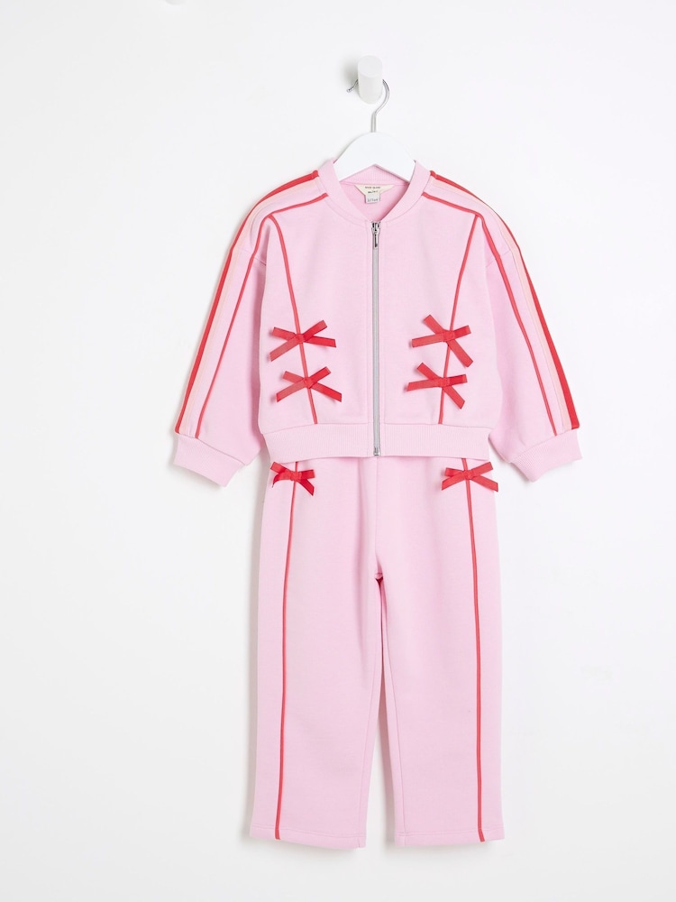 River Island Pink Girls Bow Trim 100% Cotton Bomber Set - Image 1 of 5