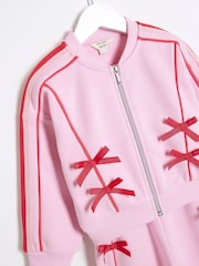 River Island Pink Girls Bow Trim 100% Cotton Bomber Set - Image 4 of 5