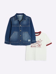 River Island Blue Boys 100% Cotton Denim Shacket T-Shirt Set - Image 2 of 5