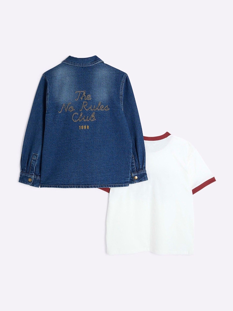 River Island Blue Boys 100% Cotton Denim Shacket T-Shirt Set - Image 3 of 5