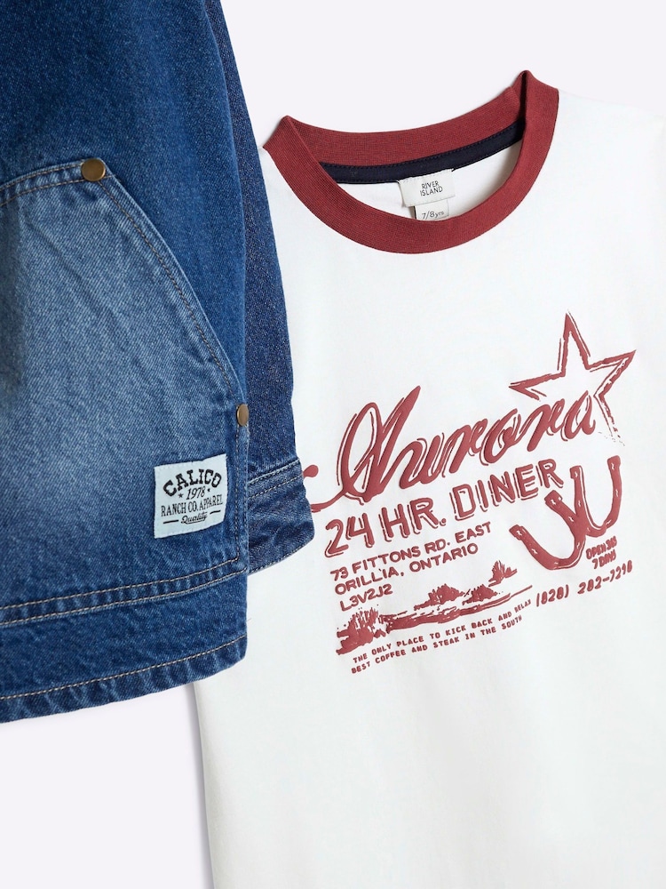 River Island Blue Boys 100% Cotton Denim Shacket T-Shirt Set - Image 4 of 5