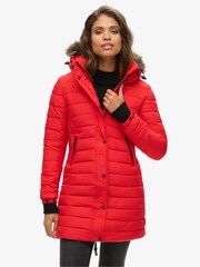 Superdry Red Faux Fur Hooded Mid Length Puffer Jacket - Image 1 of 5