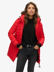 Superdry Red Faux Fur Hooded Mid Length Puffer Jacket - Image 3 of 5