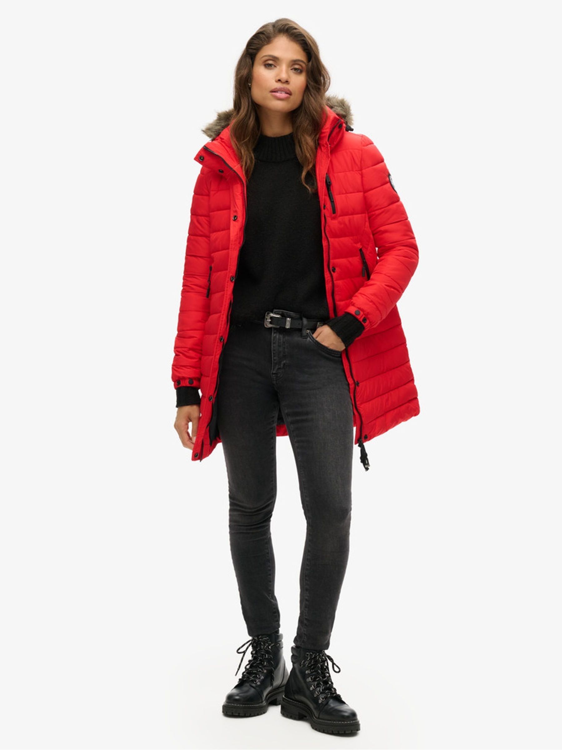 Buy Superdry Red Faux Fur Hooded Mid Length Puffer Jacket from