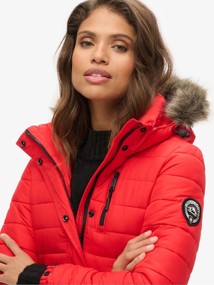 Superdry Red Faux Fur Hooded Mid Length Puffer Jacket - Image 5 of 5