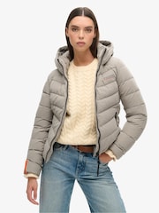 Superdry Grey Hooded Microfibre Padded Jacket - Image 1 of 6