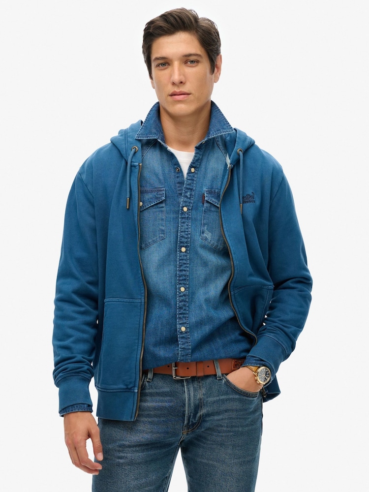 Темно-синій - Superdry базові Logo Washed 100% Cotton Zip худі - Image 1 of 3
