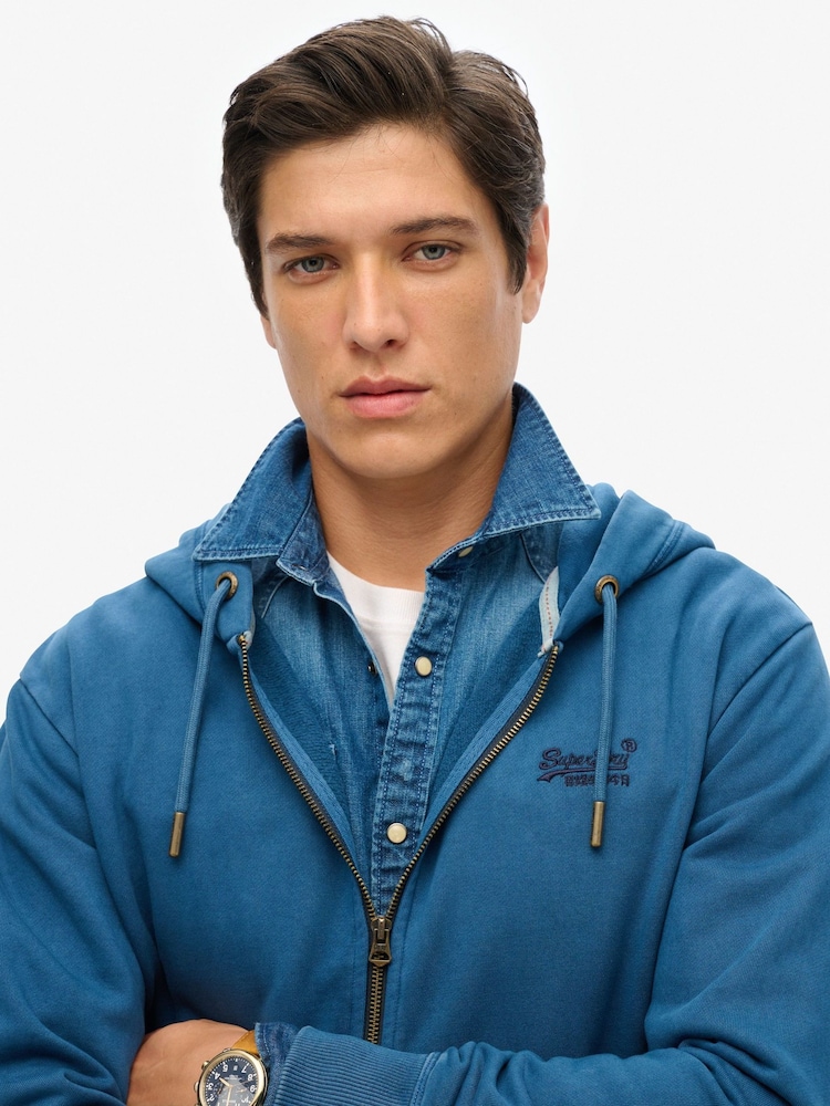 Темно-синій - Superdry базові Logo Washed 100% Cotton Zip худі - Image 2 of 3