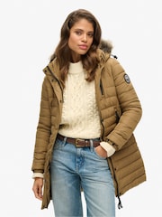 Superdry Brown Faux Fur Hooded Mid Length Puffer Jacket - Image 4 of 5