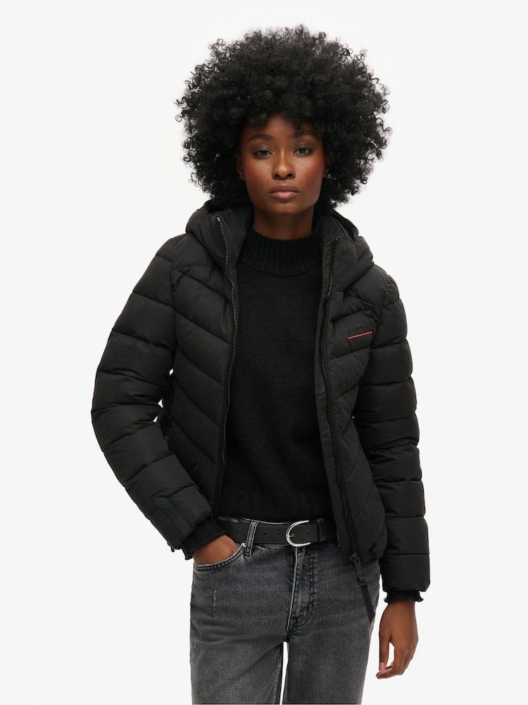 Superdry Black Hooded Microfibre Padded Jacket - Image 1 of 4