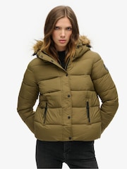 Superdry Green Faux Fur Short Hooded Puffer Jacket - Image 1 of 3
