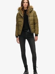 Superdry Green Faux Fur Short Hooded Puffer Jacket - Image 2 of 3