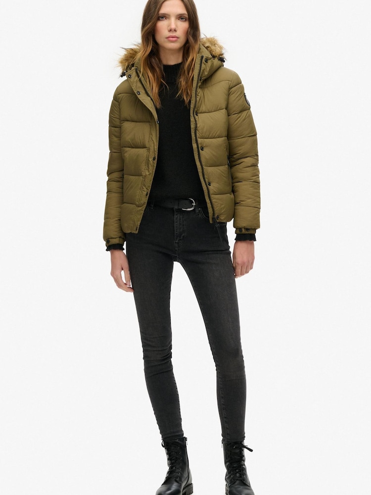Superdry Green Faux Fur Short Hooded Puffer Jacket - Image 2 of 3