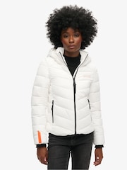 Superdry White Hooded Microfibre Padded Jacket - Image 1 of 4