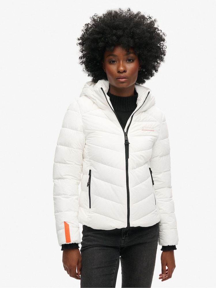 Superdry White Hooded Microfibre Padded Jacket - Image 1 of 4