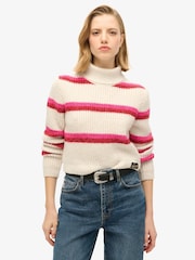 Superdry White Stripe Cropped Roll Neck Jumper - Image 1 of 3