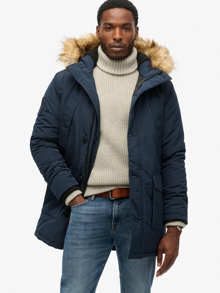 Superdry Blue Hooded Everest Faux Fur Parka - Image 1 of 7