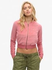 Superdry Pink Embroidered Velour Zip Baseball Top - Image 1 of 4