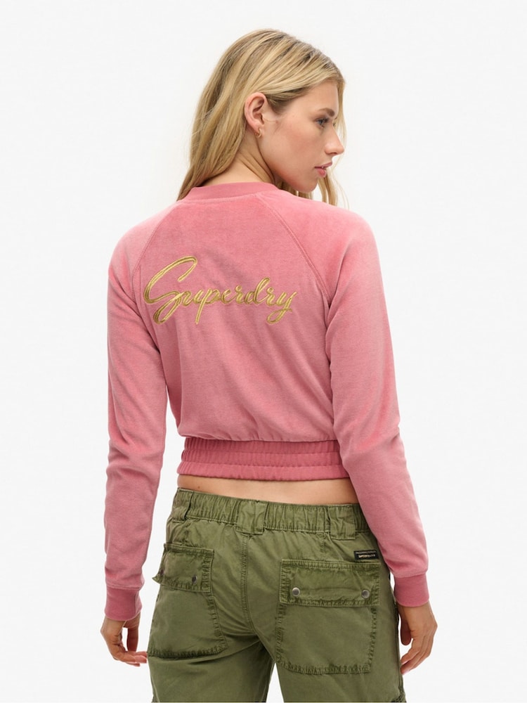 Superdry Pink Embroidered Velour Zip Baseball Top - Image 2 of 4